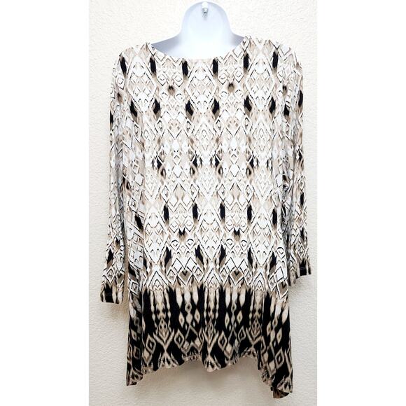 Ruby Rd. Brown Tan Black Geo Print Top XL Lightweight Soft Stretchy Round Neck - Picture 4 of 5